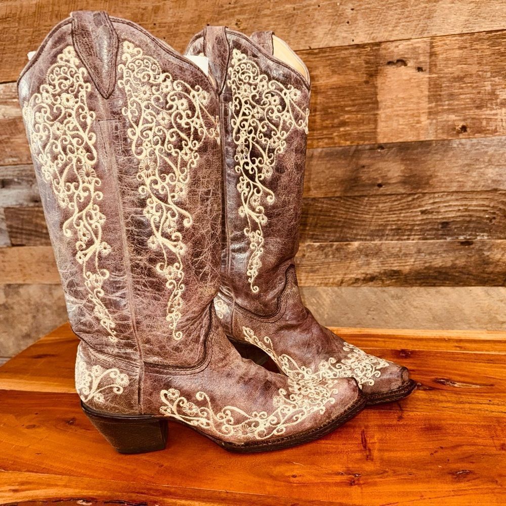 👢 Corral Brown Crater Embroidered Leather Western Boots A2663 sz 8 🤠